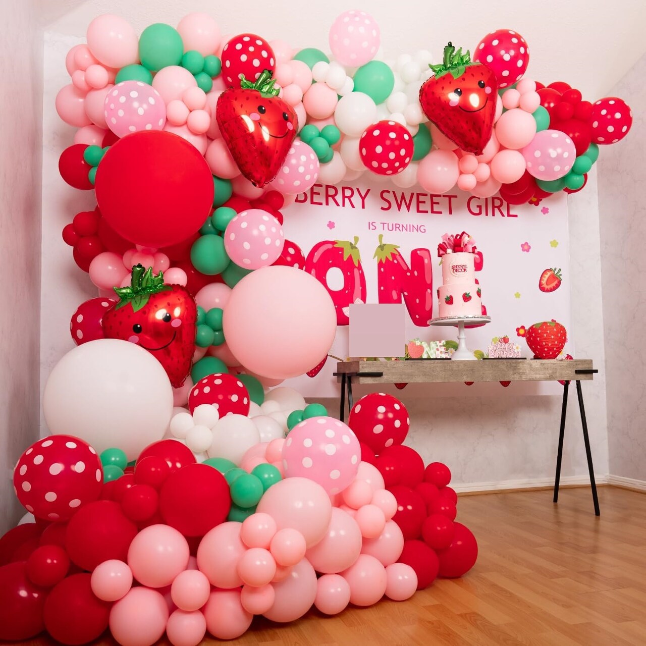 ALL-IN-1 Strawberry Balloon Arch Kit & Garland with BONUS Strawberry – Small and Large Red Pink Green Strawberry Balloons – Strawberry Shortcake Party Decorations Supplies for Birthday & Baby Shower